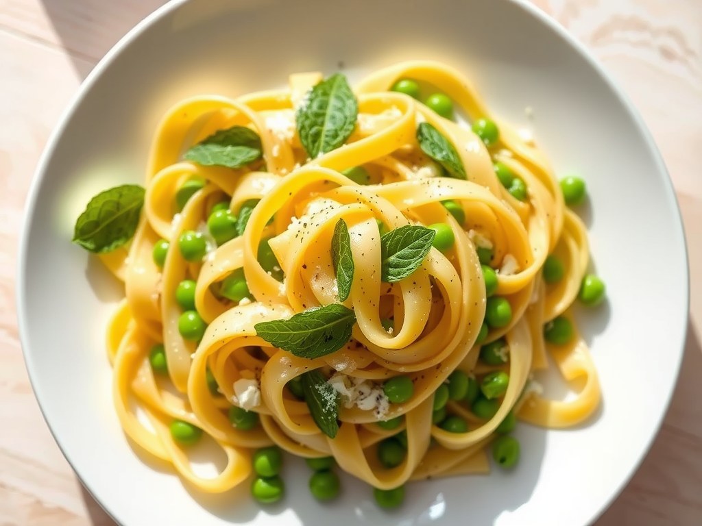 Pasta met citroen, ricotta en doperwtjes, AI-gegenereerde illustratie