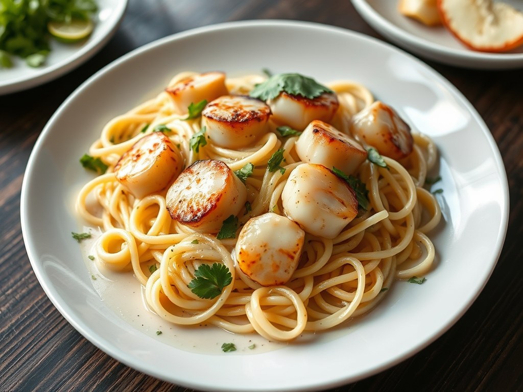 Pasta met citroengras en st-jakobsschelpen, AI-gegenereerde illustratie