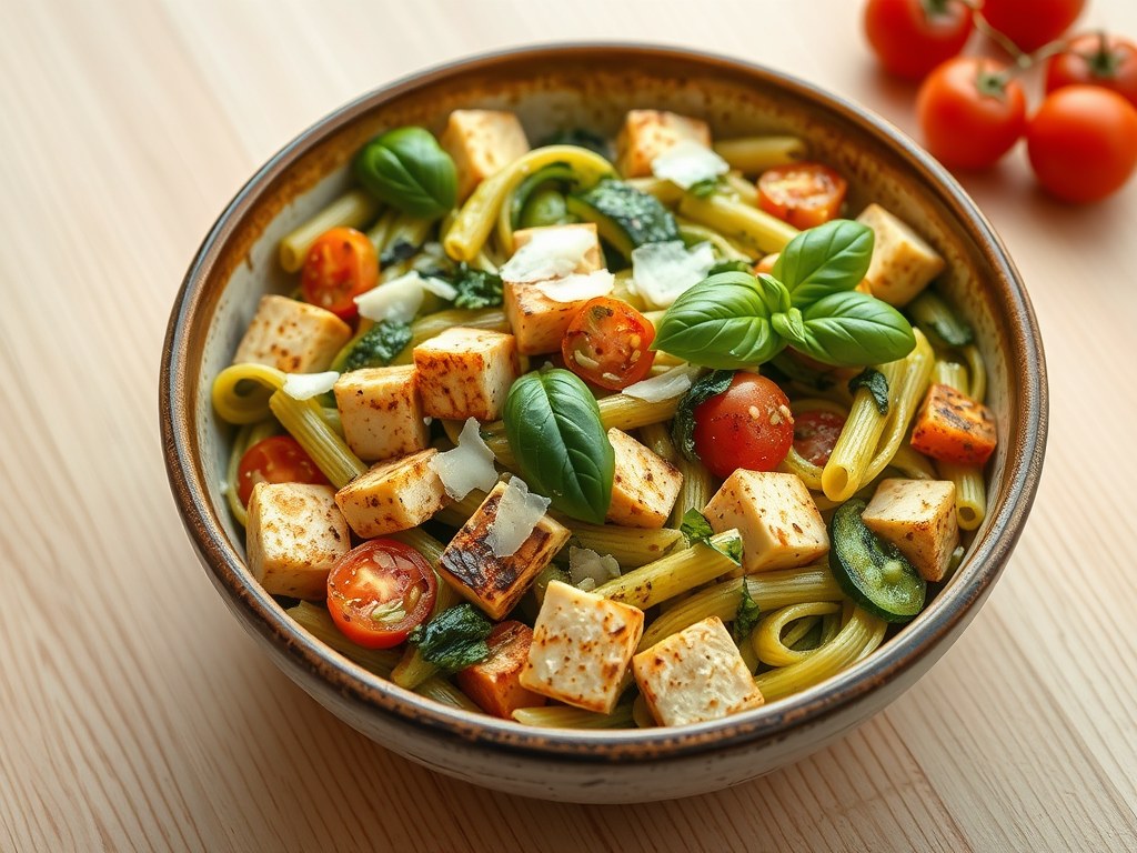 Pasta met courgette en tofu à la Genovese, AI-gegenereerde illustratie