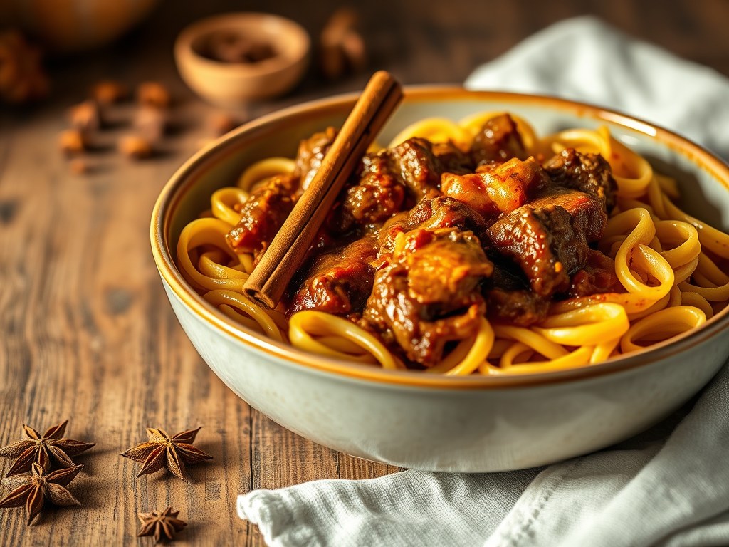 Pasta met een Stoofschotel van Lamsschouder, AI-gegenereerde illustratie