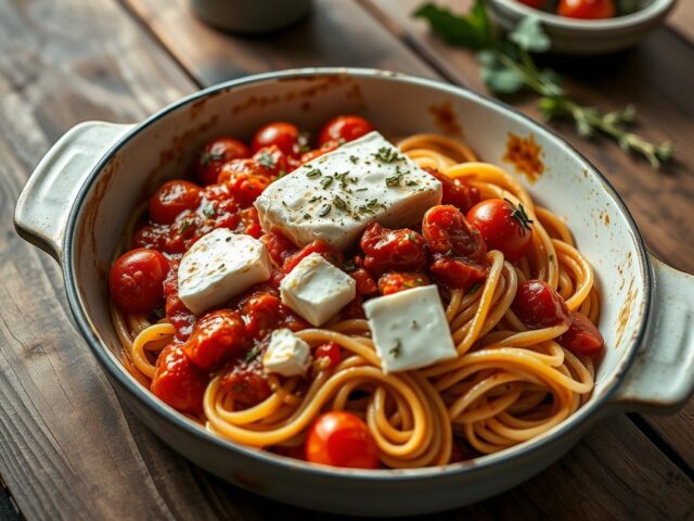 Pasta met feta en tomaat uit de oven