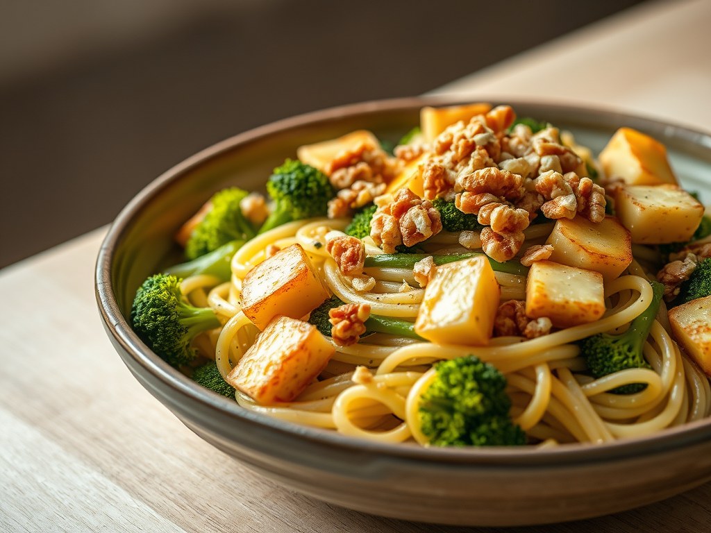 Pasta met gebakken brie en broccoli, AI-gegenereerde illustratie