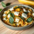 Pasta met gebakken courgette, mozzarella, Grieks basilicum en salie