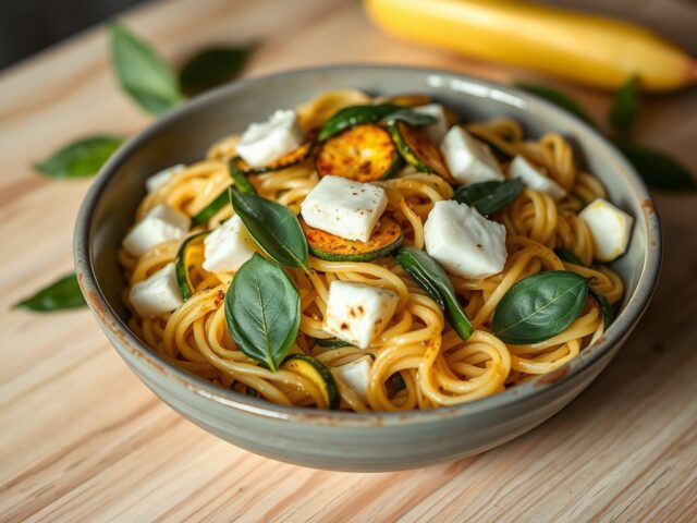 Pasta met gebakken courgette, mozzarella, Grieks basilicum en salie