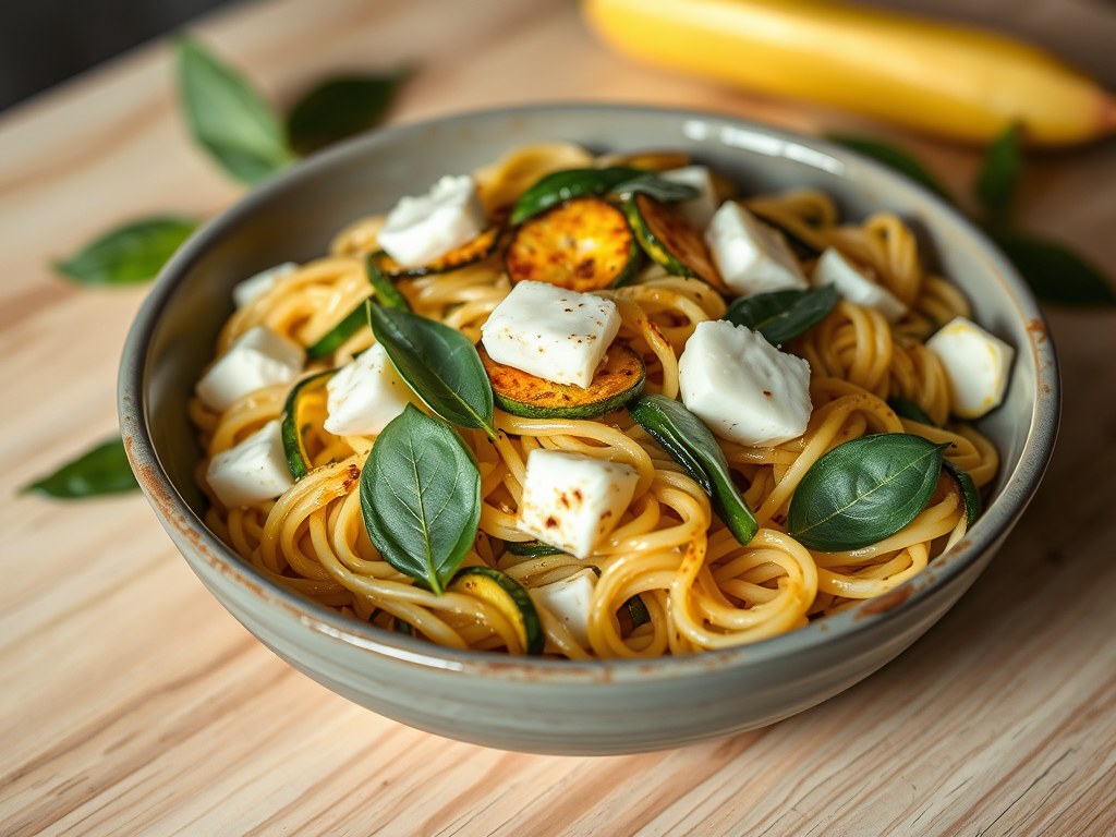 Pasta met gebakken courgette, mozzarella, Grieks basilicum en salie, AI-gegenereerde illustratie