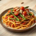 Pasta met Gegrilde Groene Asperges en Pesto Trapanese