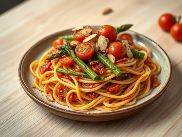 Pasta met Gegrilde Groene Asperges en Pesto Trapanese