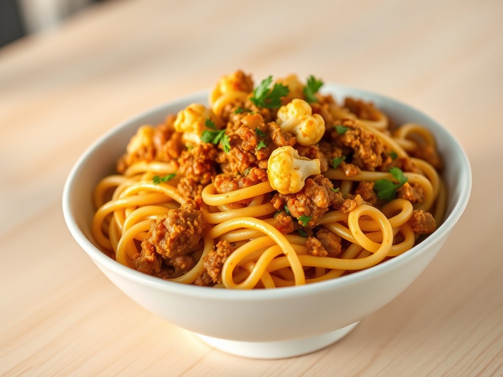 Pasta met gehakt en bloemkool, AI-gegenereerde illustratie