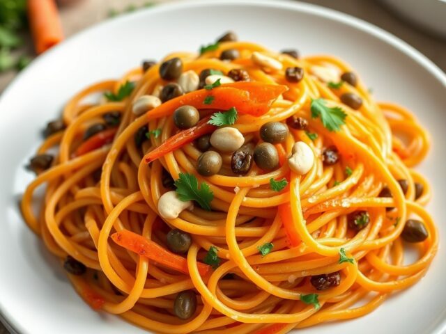 Pasta met gekonfijte wortel, rozijnen, kappertjes en pijnboompitten