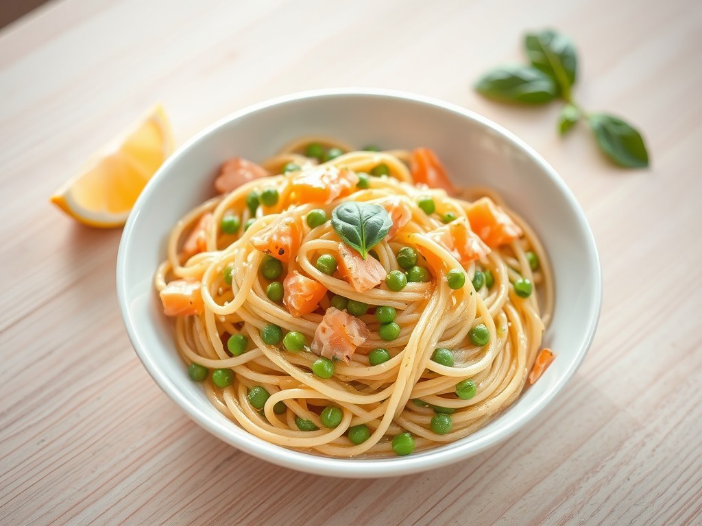 Pasta met gerookte zalm, AI-gegenereerde illustratie