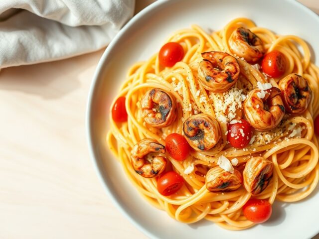 Pasta met in Cajun Gemarineerde Garnalen