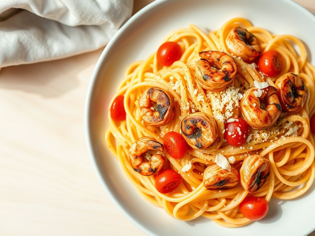 Pasta met in Cajun Gemarineerde Garnalen, AI-gegenereerde illustratie