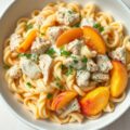 Pasta met kip en perziken in roomsaus