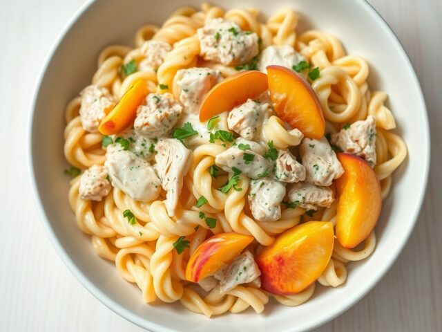 Pasta met kip en perziken in roomsaus