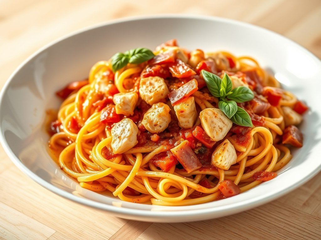 Pasta met kip en tomaten, AI-gegenereerde illustratie