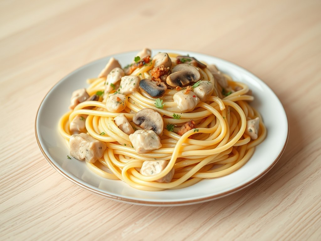 Pasta met kip en tonijn, AI-gegenereerde illustratie