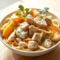 Pasta met kipfilet, perzik en bleekselderij