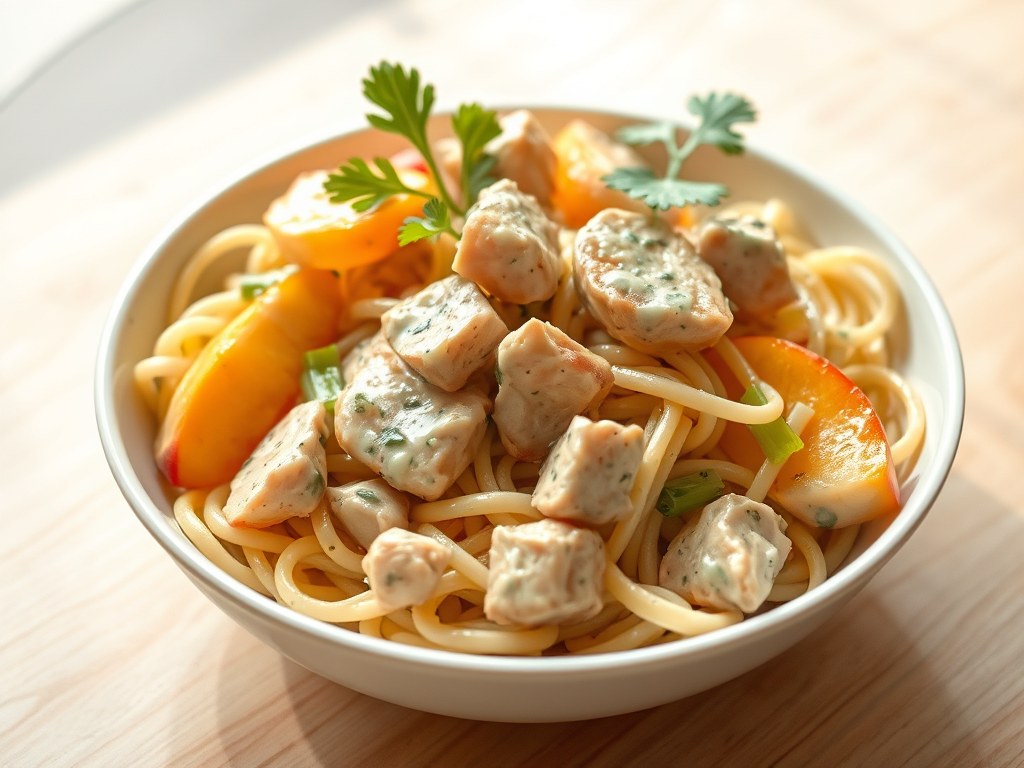 Pasta met kipfilet, perzik en bleekselderij, AI-gegenereerde illustratie