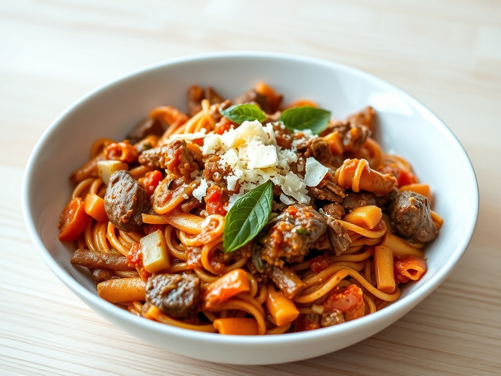Pasta met Lam,Mint en Pecorino Kaas, AI-gegenereerde illustratie