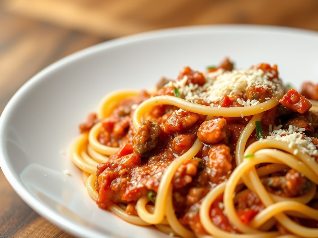 Pasta met Luxe Vlees-Tomatensaus, AI-gegenereerde illustratie