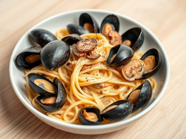 Pasta met mosselen en mosterdroom
