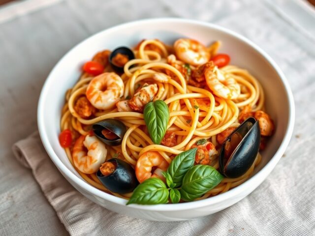 Pasta met mosselen-krab-garnalensaus