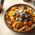 Pasta met paddenstoelen en pompoen, gegaard in bockbier