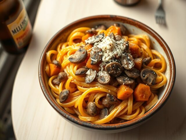 Pasta met paddenstoelen en pompoen, gegaard in bockbier