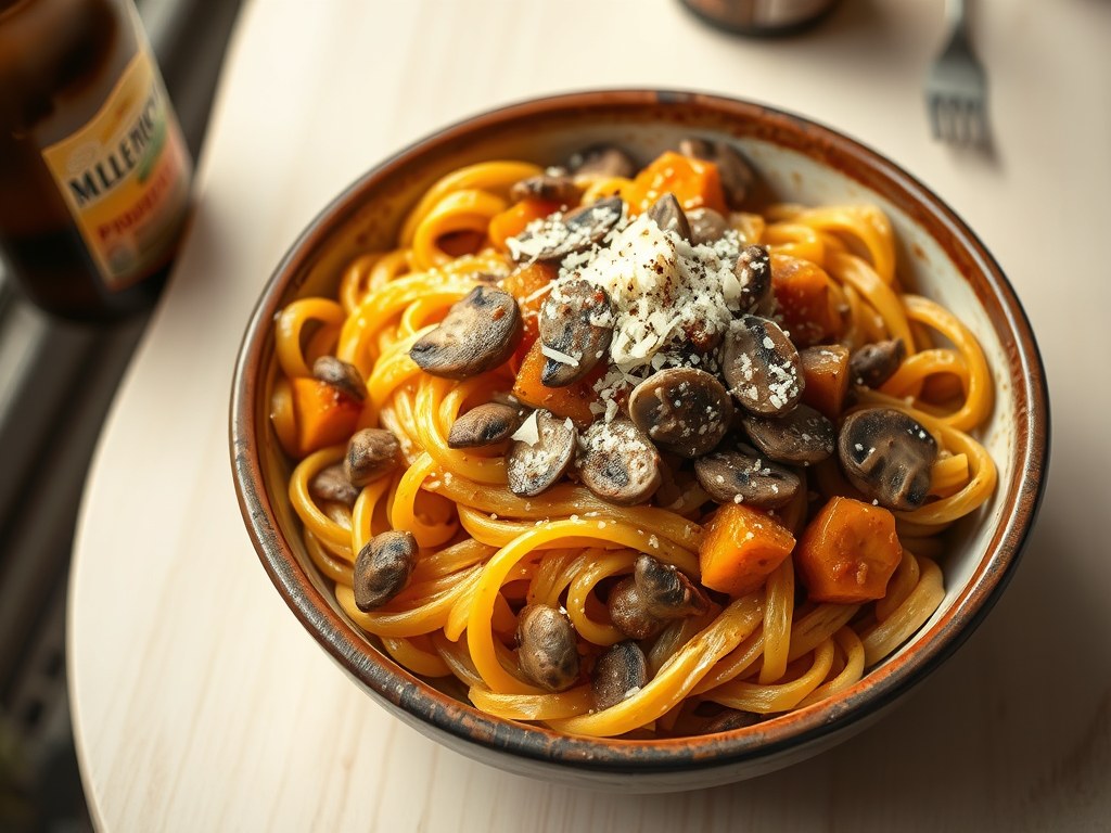 Pasta met paddenstoelen en pompoen, gegaard in bockbier, AI-gegenereerde illustratie