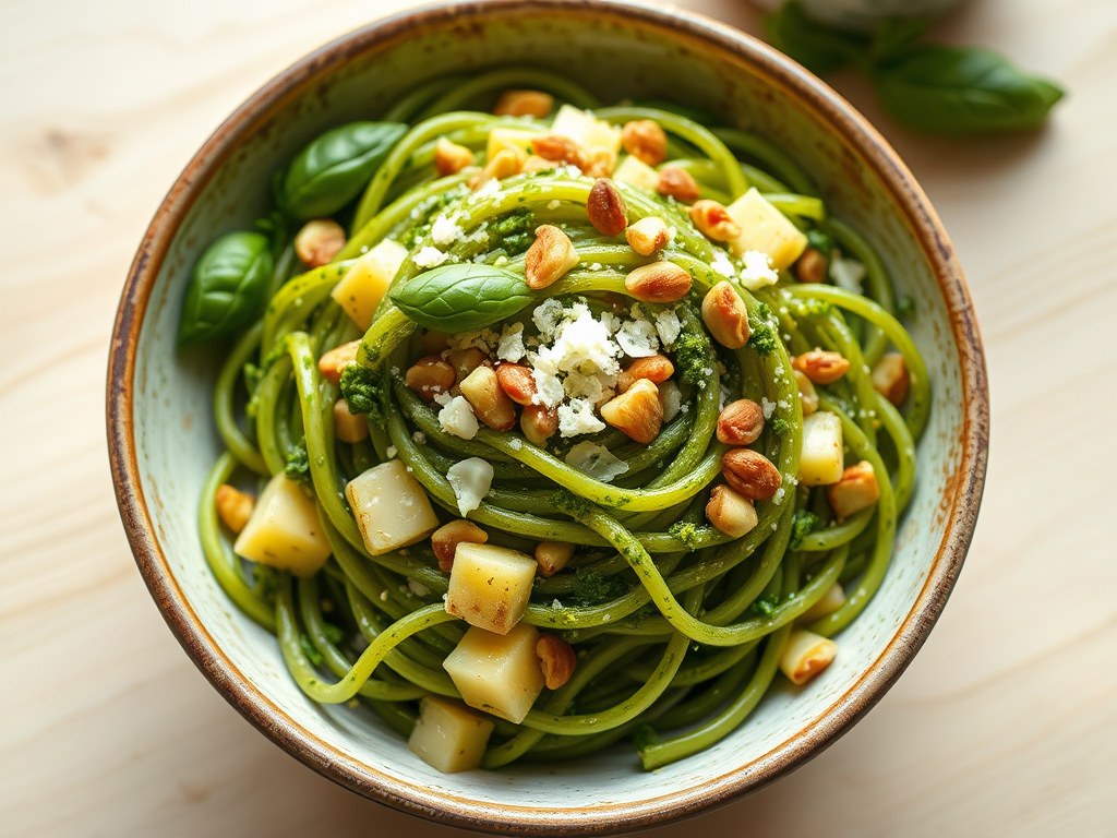 Pasta met Pesto, AI-gegenereerde illustratie