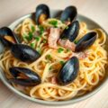 Pasta met prei en mosselen