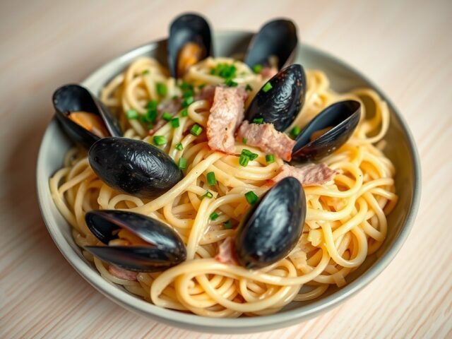 Pasta met prei en mosselen