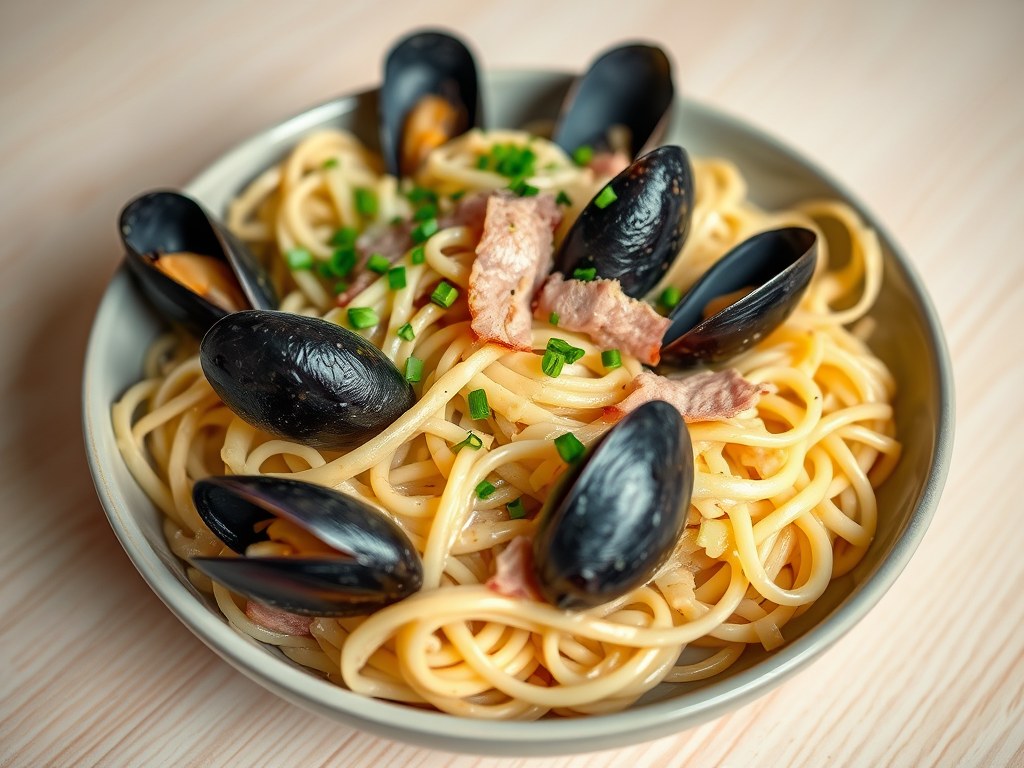 Pasta met prei en mosselen, AI-gegenereerde illustratie