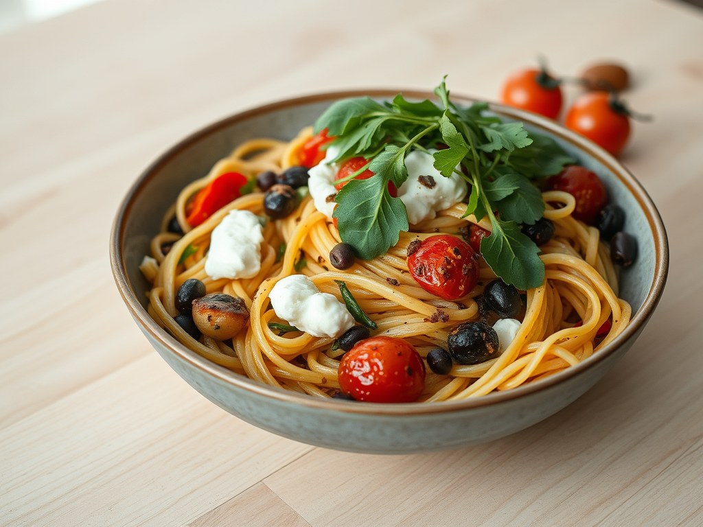 Pasta met ricotta en geroosterde groente, AI-gegenereerde illustratie