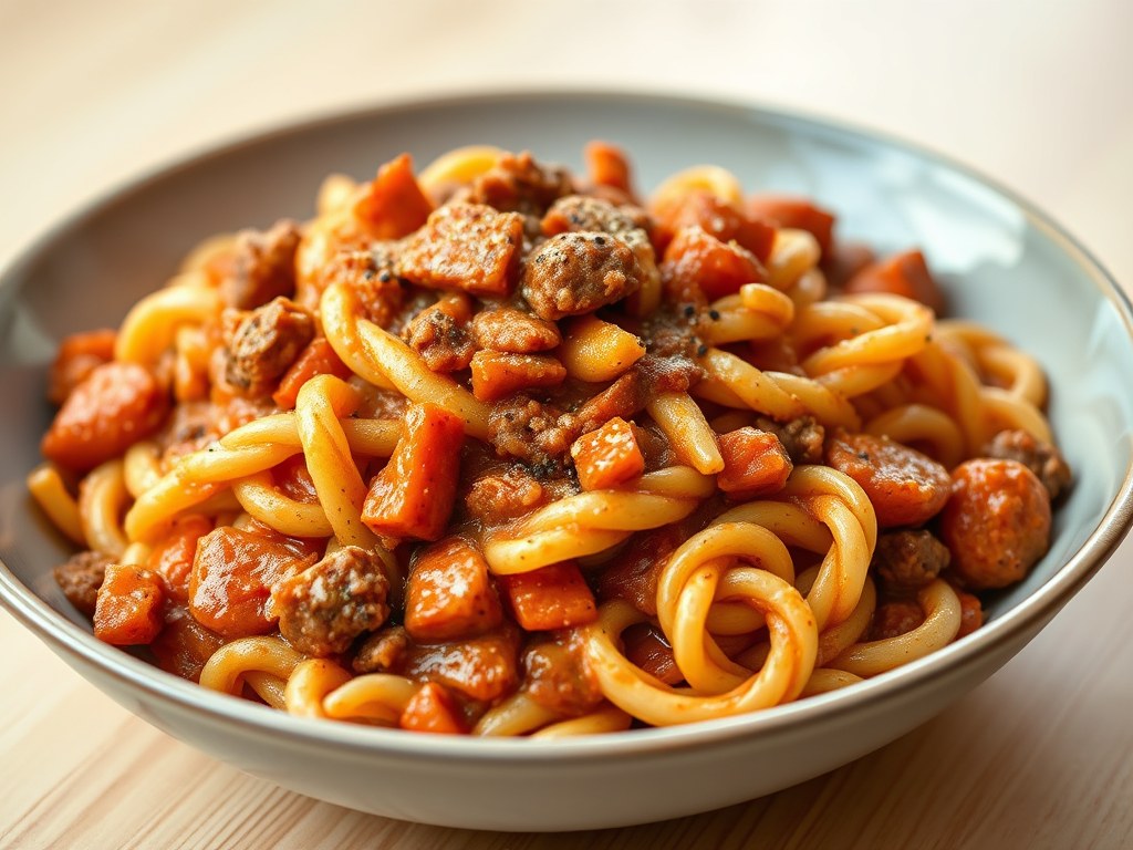 Pasta met Saus van Italiaanse Worst en Tomaten, AI-gegenereerde illustratie