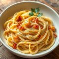 Pasta met spek, ei, zwarte peper en gesmolten kaas