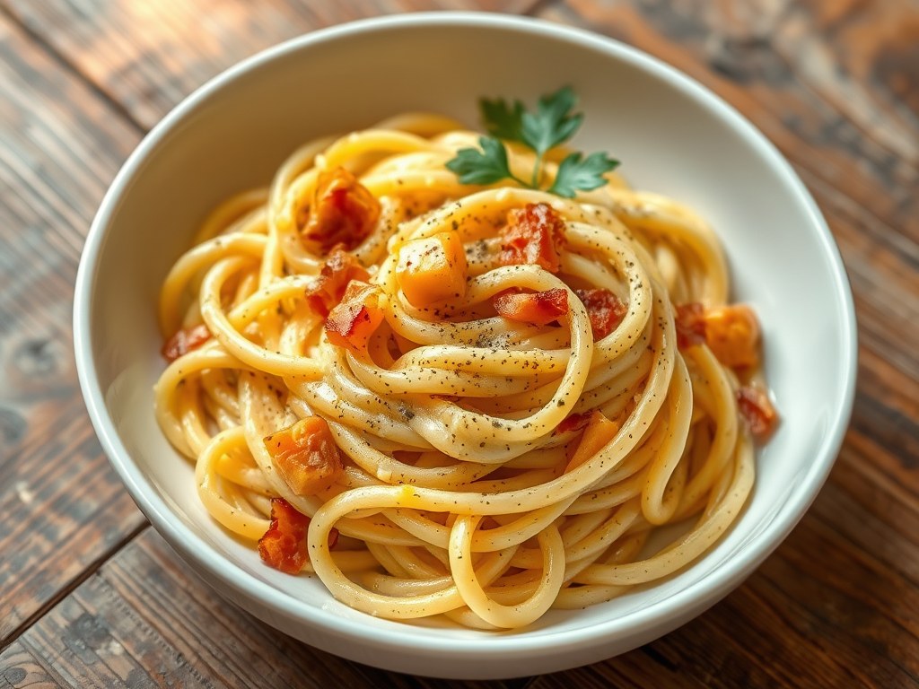 Pasta met spek, ei, zwarte peper en gesmolten kaas, AI-gegenereerde illustratie
