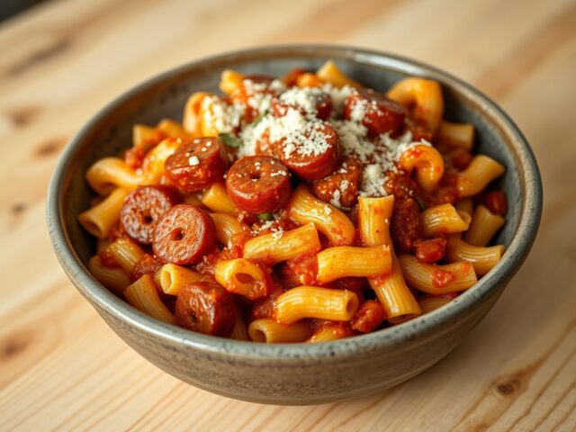 Pasta met tomaat,pittige worst en venkel