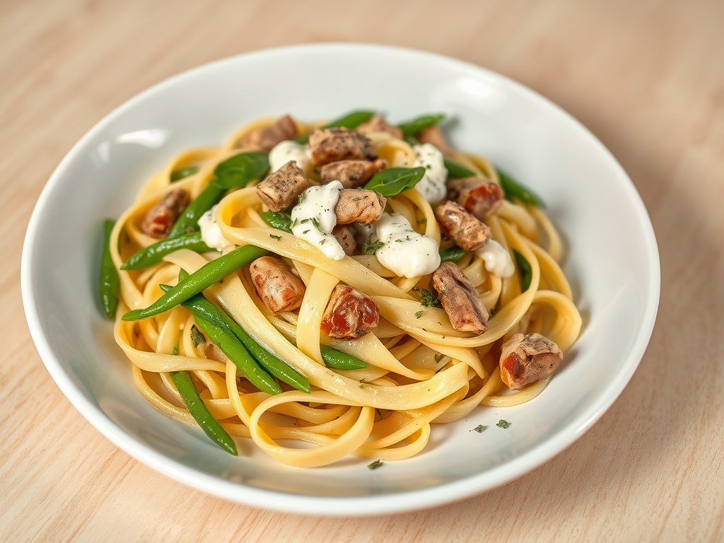 Pasta met tuinbonen, AI-gegenereerde illustratie