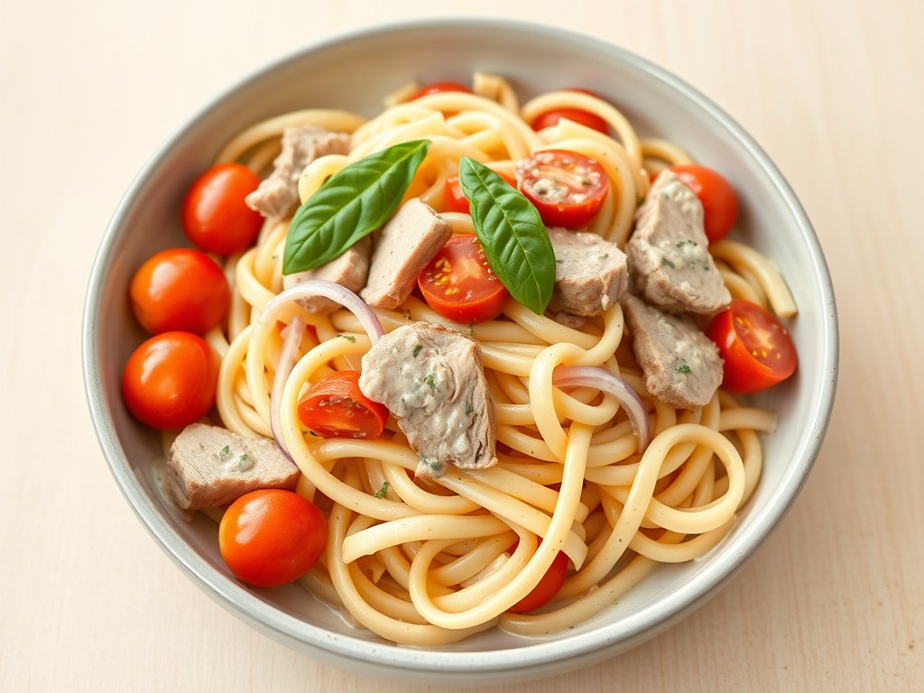 Pasta met varkenshaas en roomsaus, AI-gegenereerde illustratie