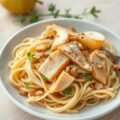 Pasta met witlof, peer, makreel en pijnboompitjes