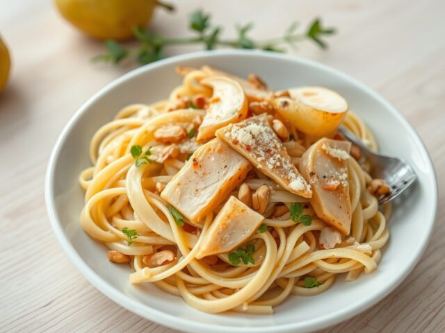 Pasta met witlof, peer, makreel en pijnboompitjes