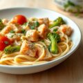 Pasta met zalm, broccoli en kerstomaatjes