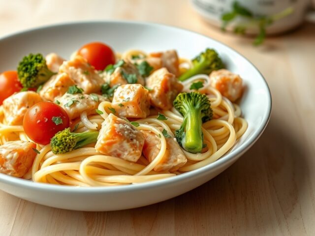 Pasta met zalm, broccoli en kerstomaatjes