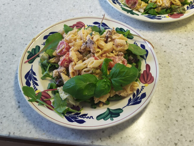 Pasta Penne Salade met Krokante Kip Rode Pesto en Ricotta