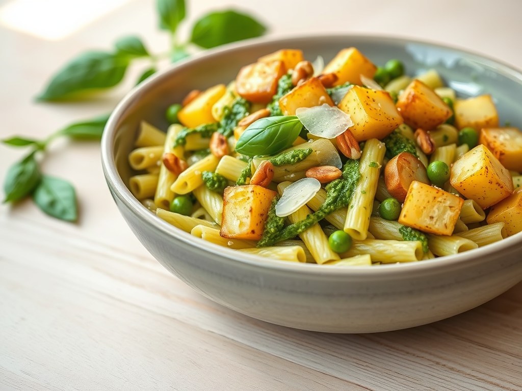 Pasta pesto met crispy aardappel, AI-gegenereerde illustratie