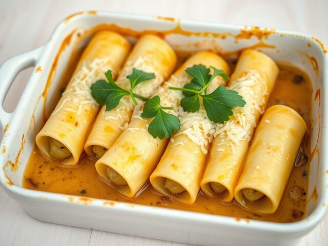Pasta rolletjes met prei en kaas