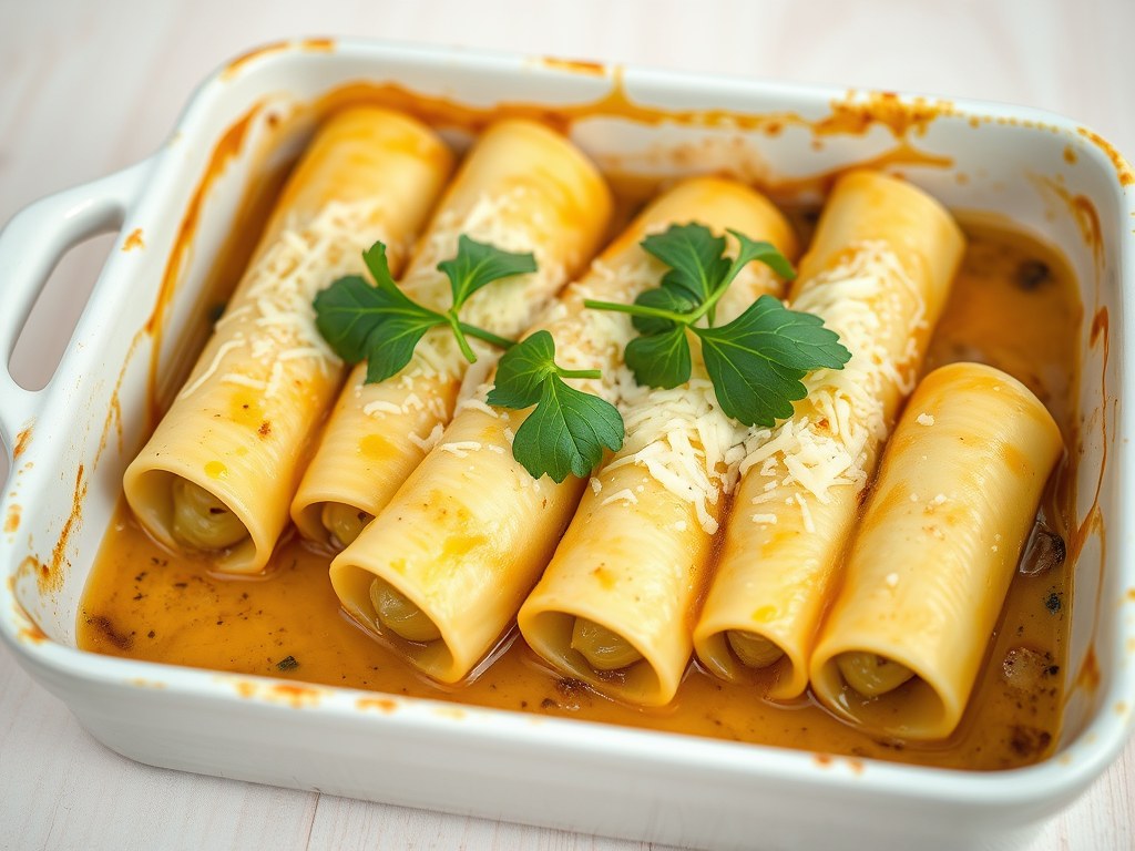 Pasta rolletjes met prei en kaas, AI-gegenereerde illustratie