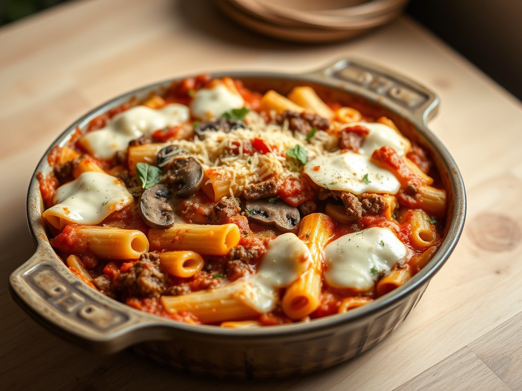 Pasta uit de oven, AI-gegenereerde illustratie