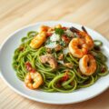 Pasta Verde con Pollo e Gamberi